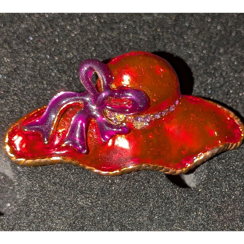 Vintage Style Red Hat Society Enamel Brooch Purple Bow Rhinestone 80s Pin